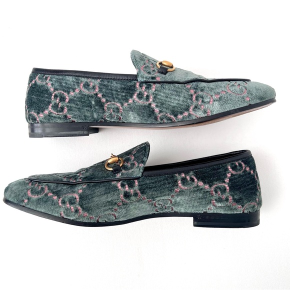 GUCCI | Jordaan Horsebit Velvet Monogram Loafers Flats Green Pink GG Logo US 9 - Picture 8 of 11
